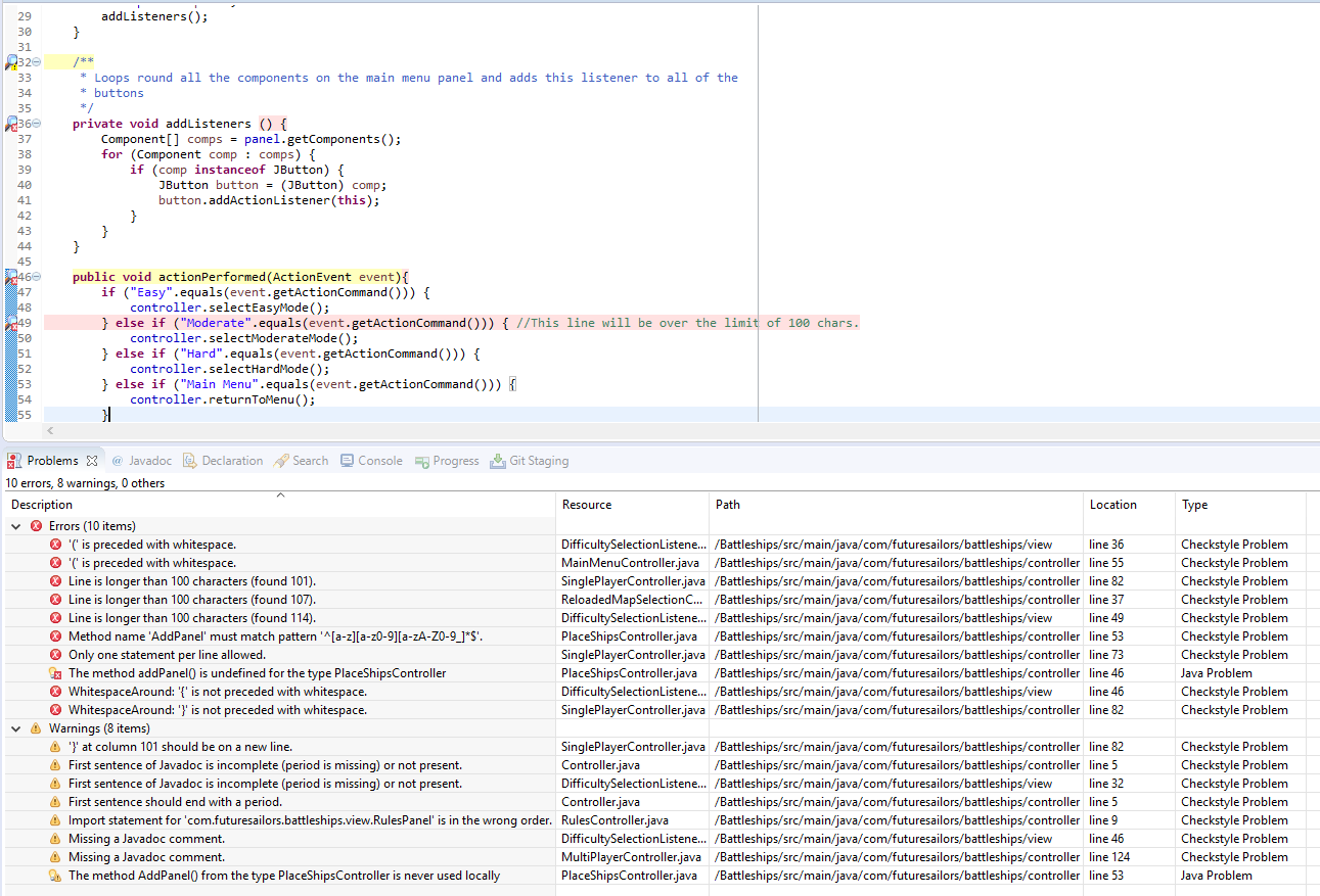 Checkstyle throwing a variety of errors in Eclipse.