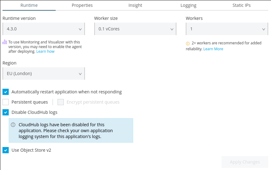 Disable CloudHub Logs